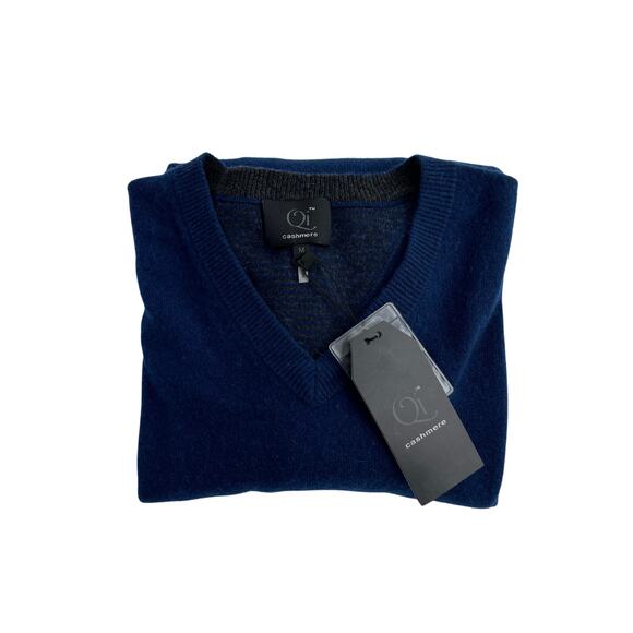 1-34 QI CASHMERE Men's Sweater V-Neck Blue 100% Cashmere Medium - Picture 8 of 11